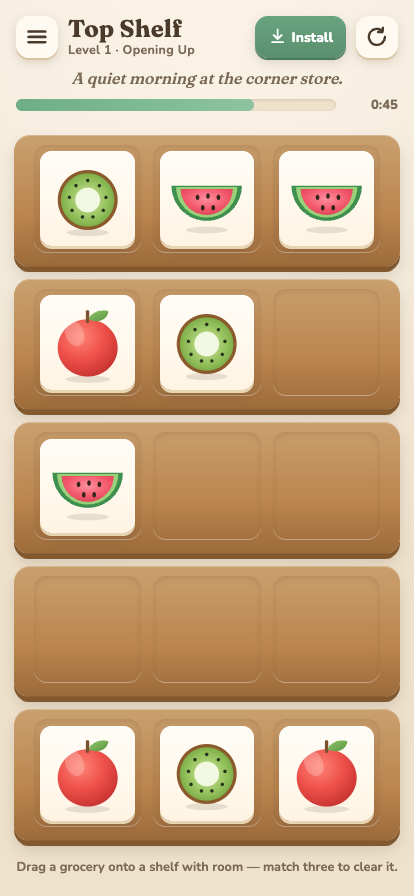 Gameplay — sorting kiwis, watermelon and apples across wooden shelves