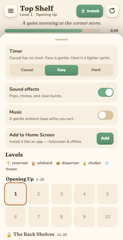 Settings and level select — timer modes, sound/music, the department grid and mechanic legend